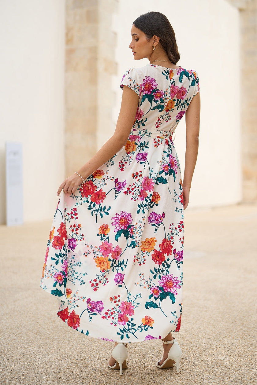 Yumi Ivory Flower Print Wrap Midi Dress