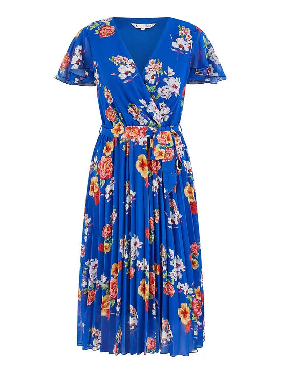 Yumi Blue Floral Pleated Wrap Dress