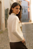 Yumi Ivory Knitted High Neck Jumper With Applique Flowers