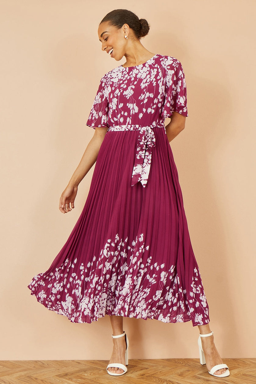 Yumi Burgundy Mirror Floral Design Pleated Midi Dress