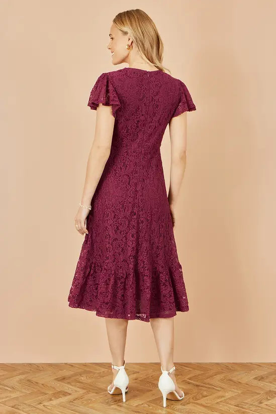 Yumi Burgundy Stretch Lace Puff Sleeve Midi Dress