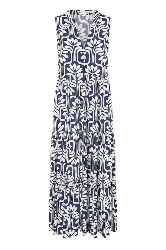 Yumi Navy Retro Print Relaxed Midi Dress