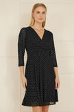 Mela Black Velour Spot 3/4 Sleeve Wrap Skater Dress