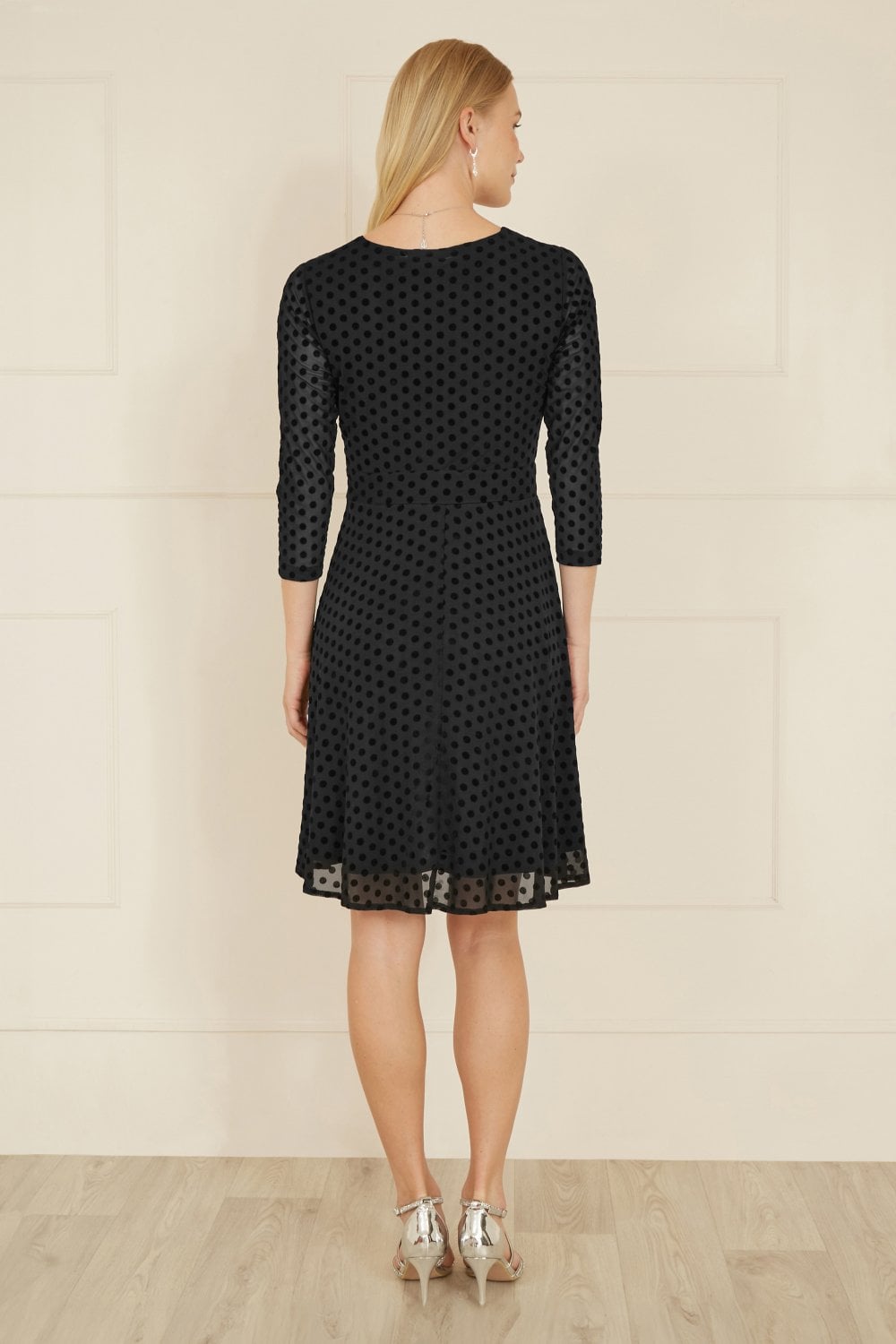Mela Black Velour Spot 3/4 Sleeve Wrap Skater Dress