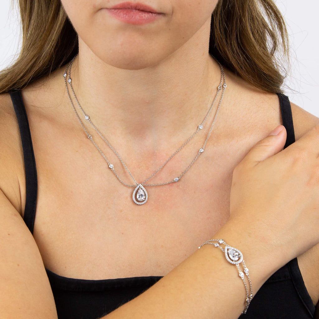 Diamonfire Teardrop Zirconia Double Chain Necklace