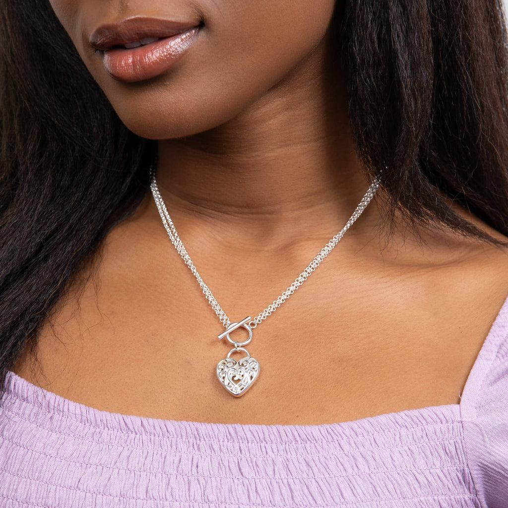 Beginnings Large Filigree Heart Double Chain T-Bar Necklace