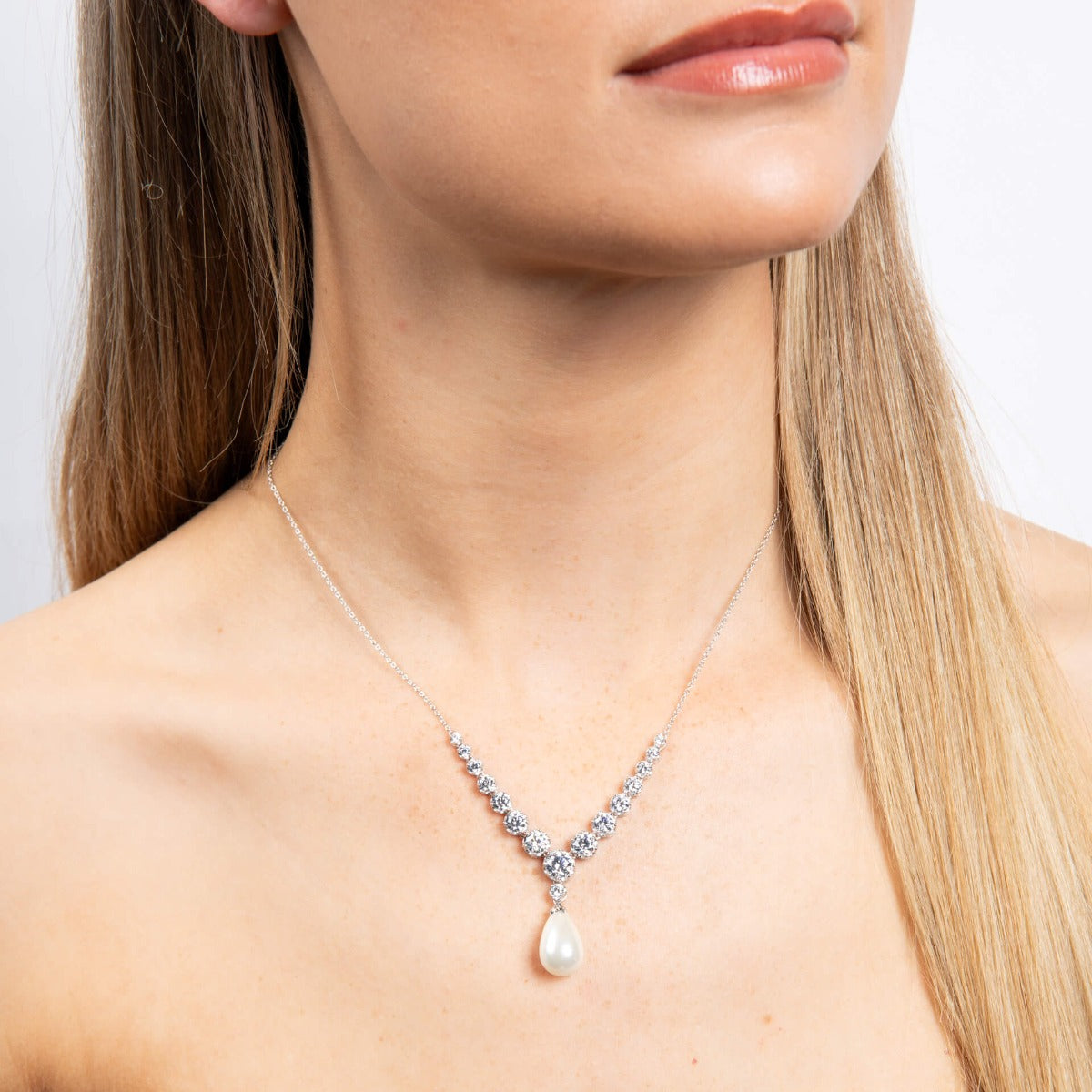 Diamonfire Statement Zirconia Lined Necklace with Shell Pearl Drop