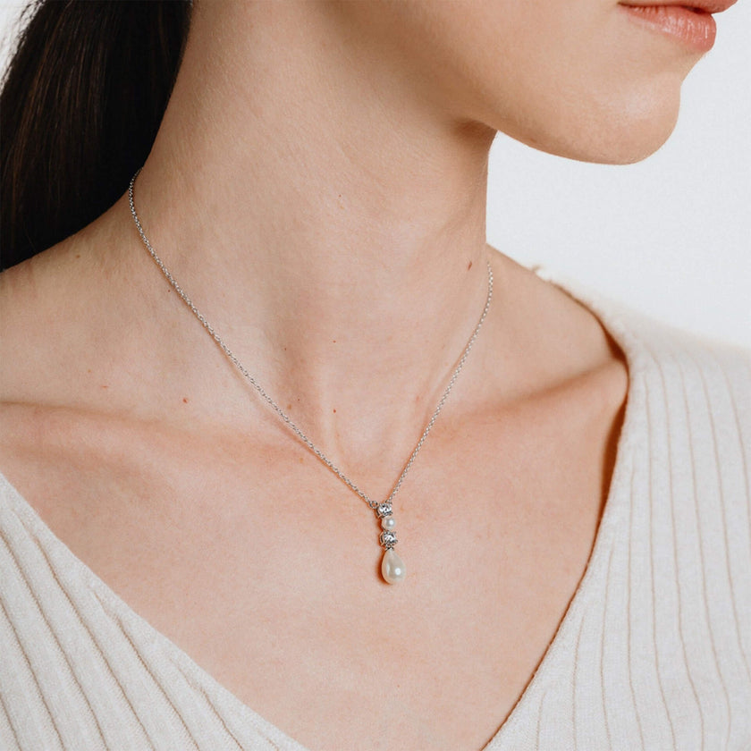 Diamonfire Alternating Shell Pearl and Zirconia Drop Necklace