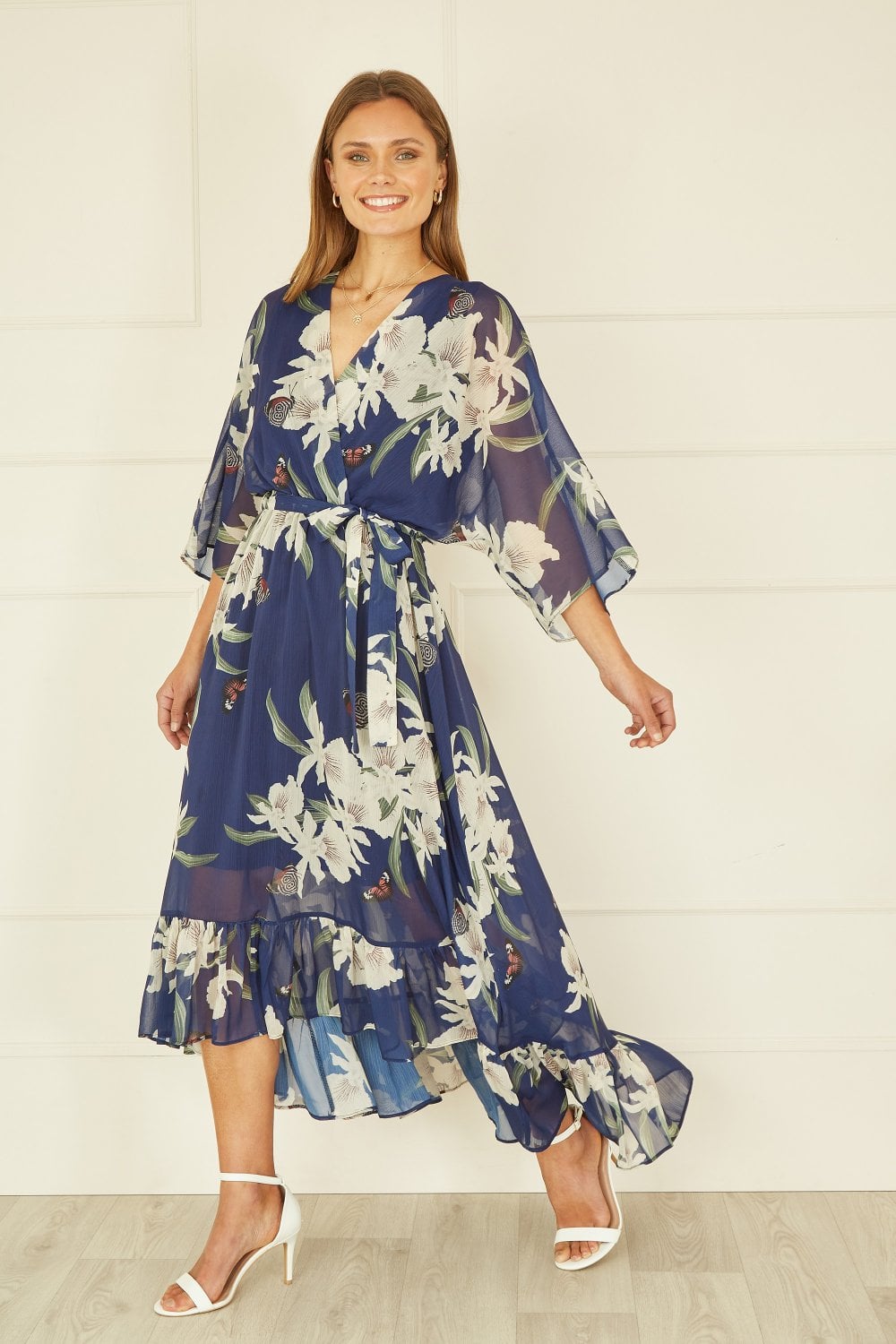 Navy Floral Kimono Sleeves Dip Hem Wrap Midi Dress