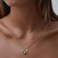 Thea Hexagon Gemstone and Palm Leaf Charm Necklace: Pyrite with Crystal