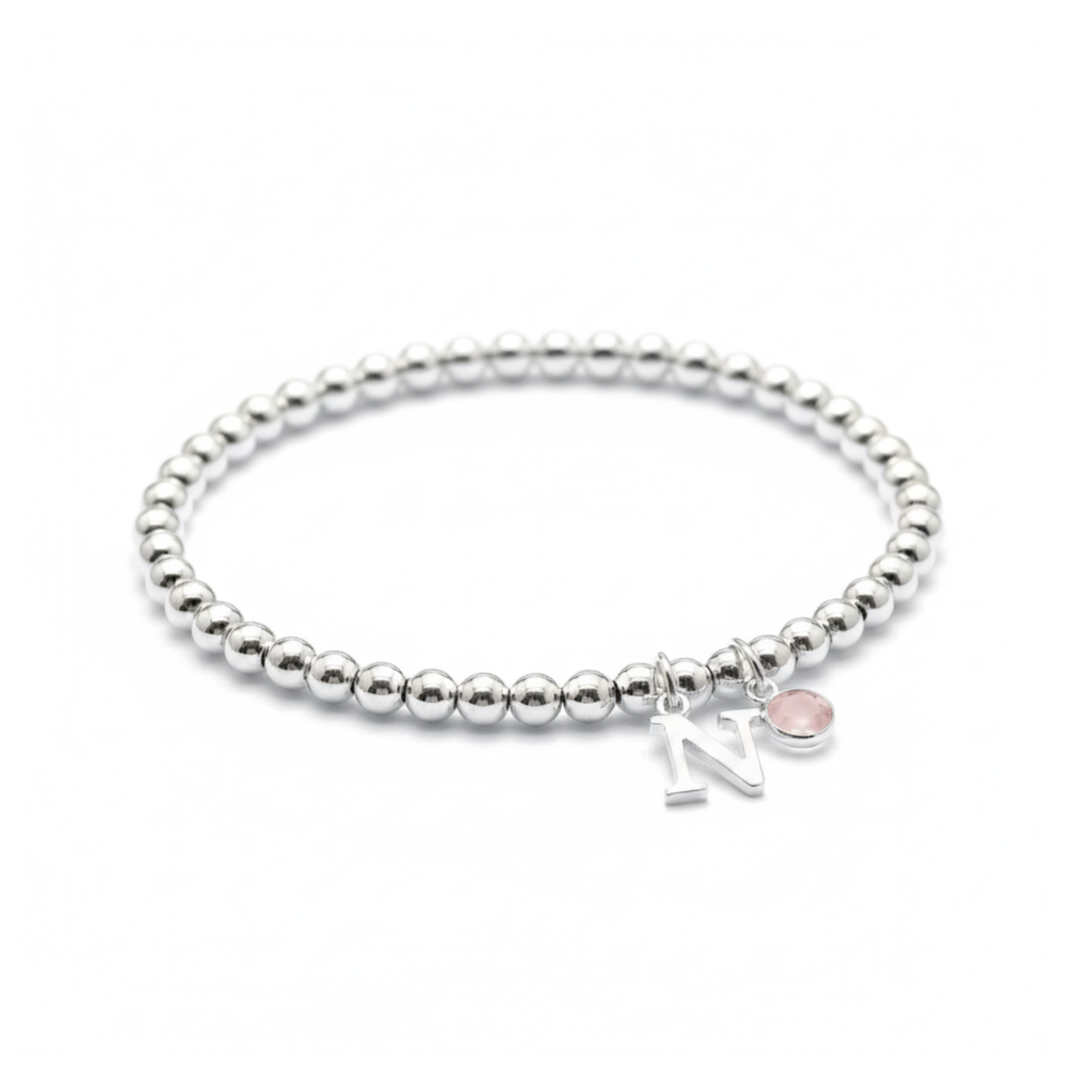 Initial & October Birthstone Bracelet | Personalised Stretch Bead Bracelet