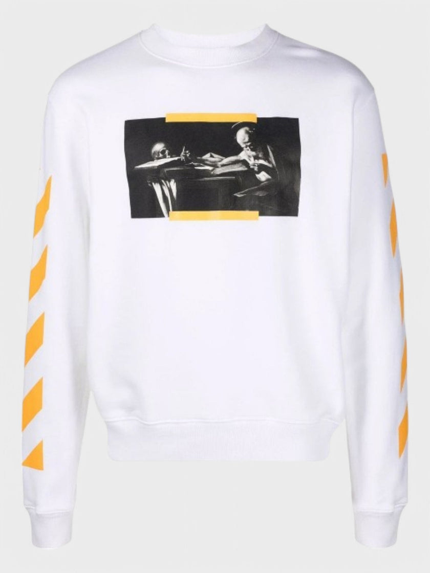 Caravaggio Saint Jerome Writing Print Slim Fit Sweatshirt White Yellow