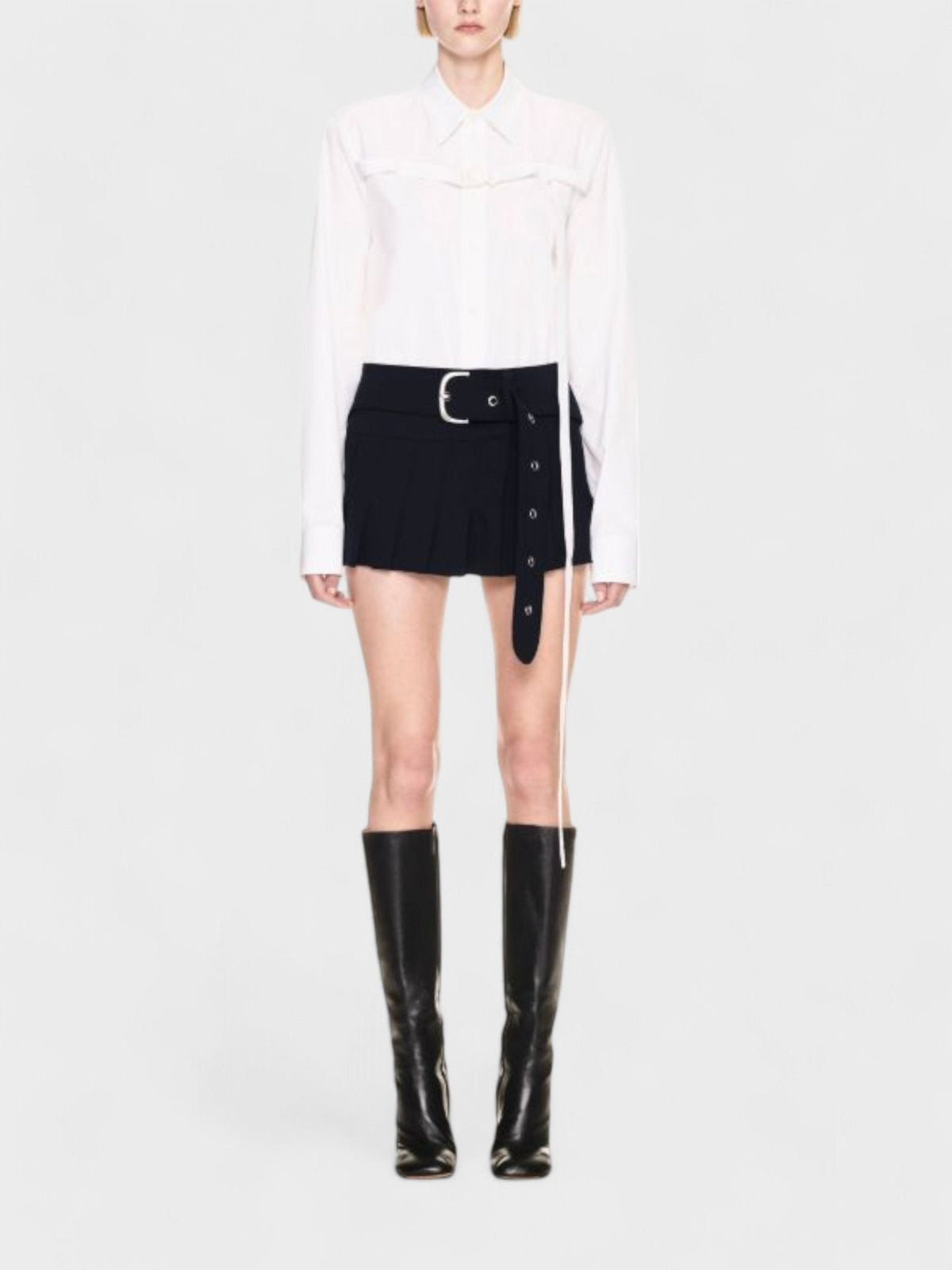 Stretch Belted Pleated Miniskirt Blue