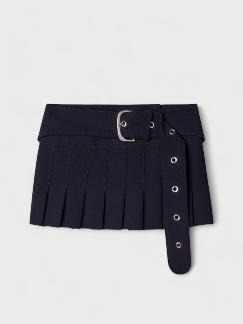 Stretch Belted Pleated Miniskirt Blue