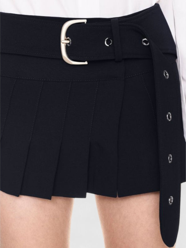 Stretch Belted Pleated Miniskirt Blue