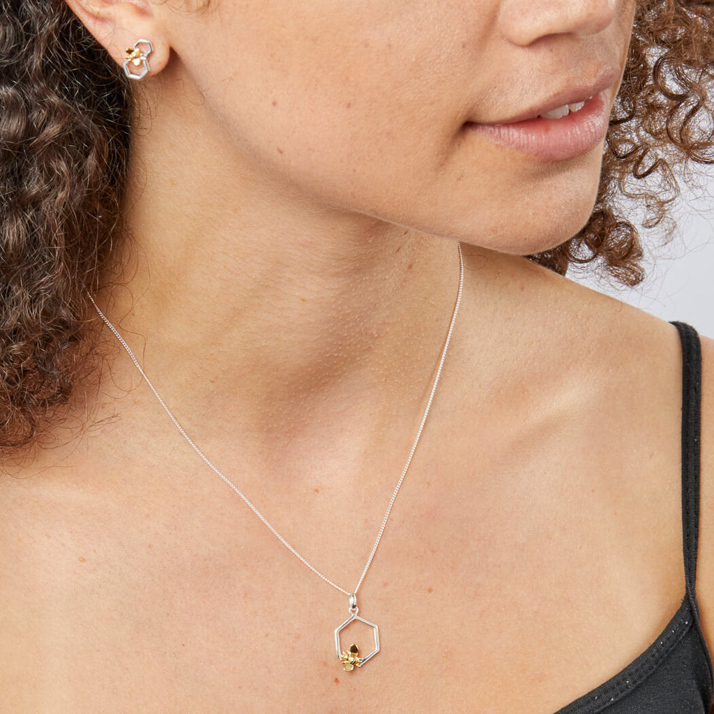 Beginnings Yellow Gold Plated Bee and Single Honeycomb Pendant
