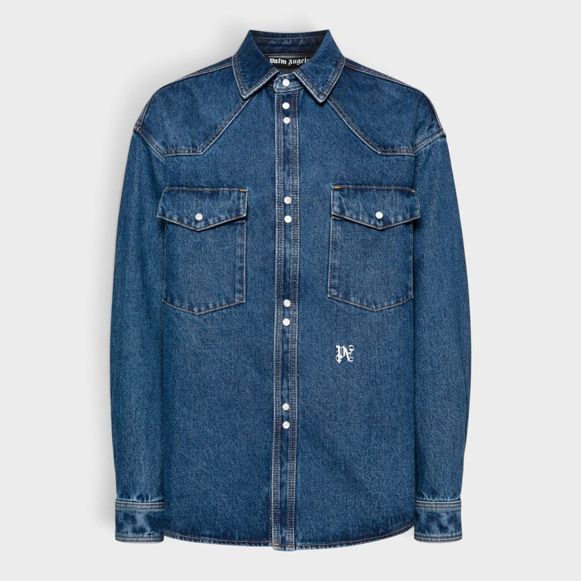 Oversized Monogram Denim Shirt Blue