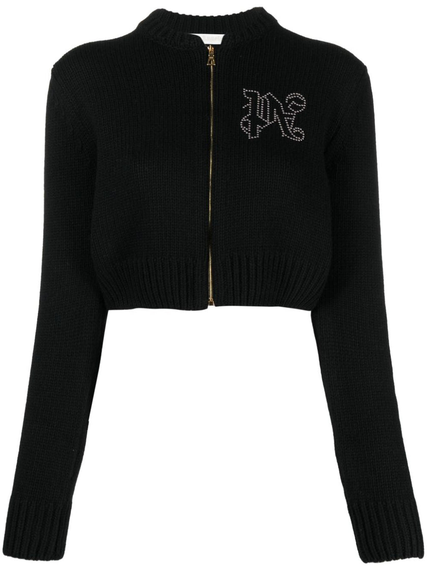 Palm Angels Monogram Studded Zip Sweater Black