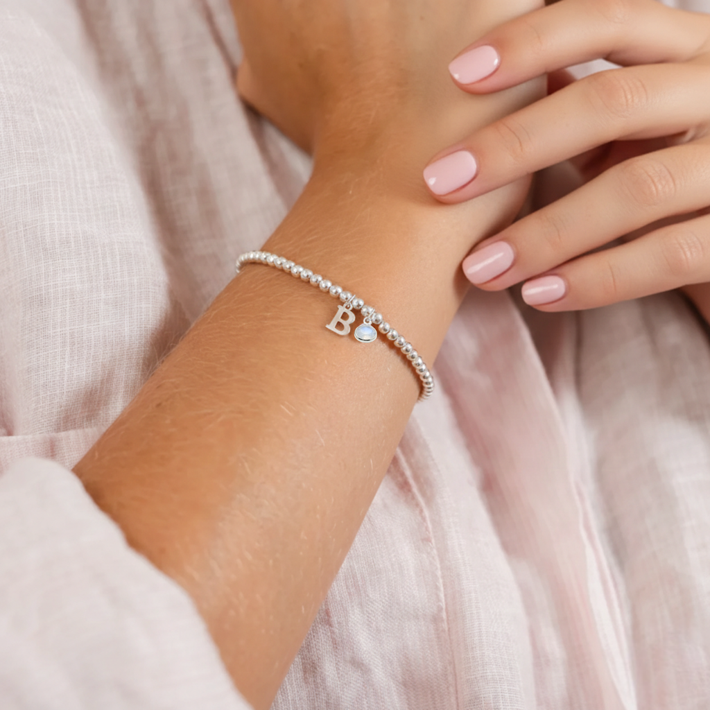 Personalised June Birthstone, Initial Letter & Moonstone Charm Bracelet