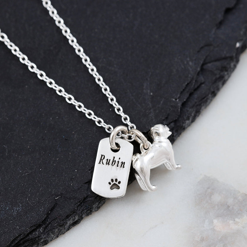 Pug Personalised Silver Dog Tag Necklace