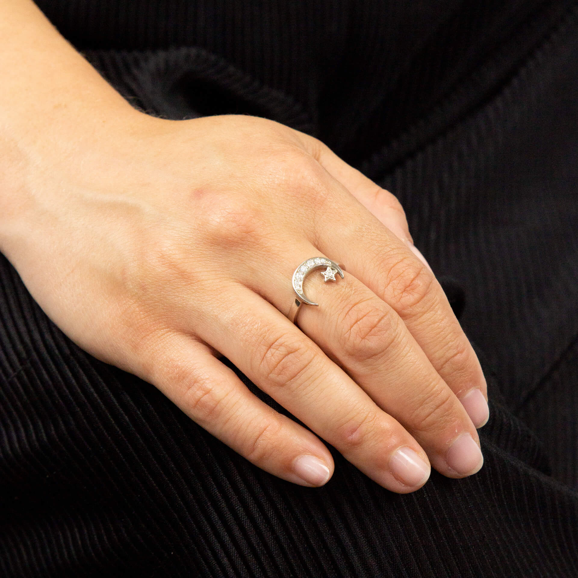 Beginnings Crescent Moon and Star Ring with CZ