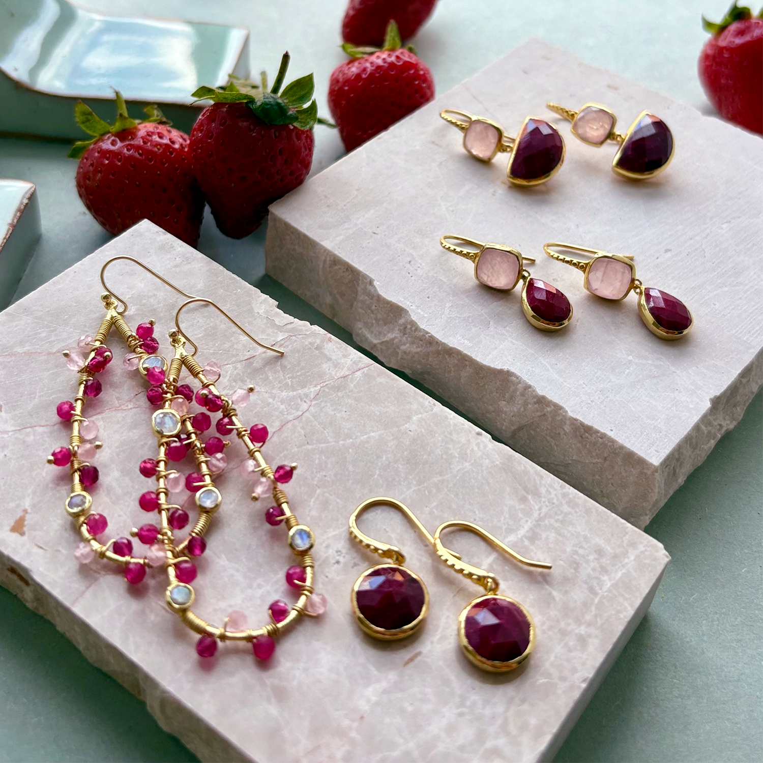 Charis Halfmoon Double Gemstone Earrings Rose Quart & Ruby