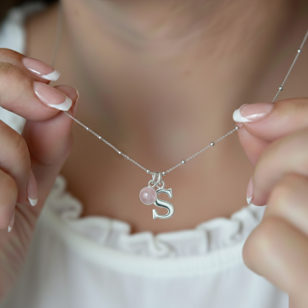 Initial & October Birthstone Necklace | Personalised Rose Quartz Gift