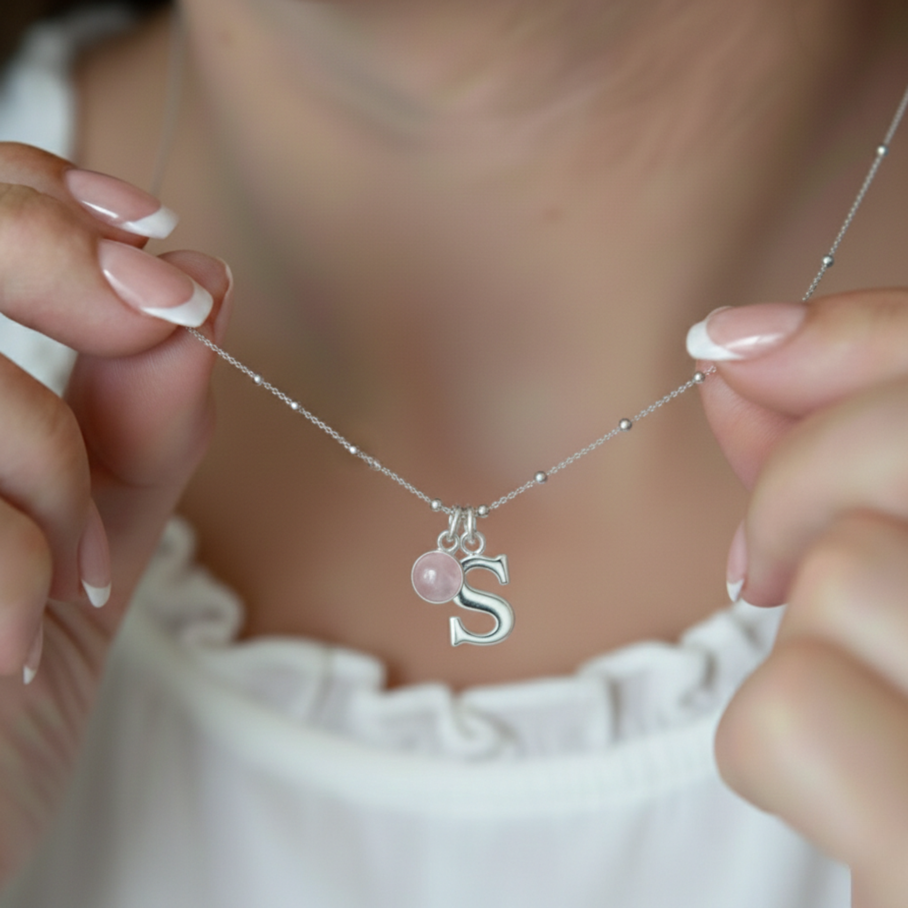 Initial & October Birthstone Necklace | Personalised Rose Quartz Gift