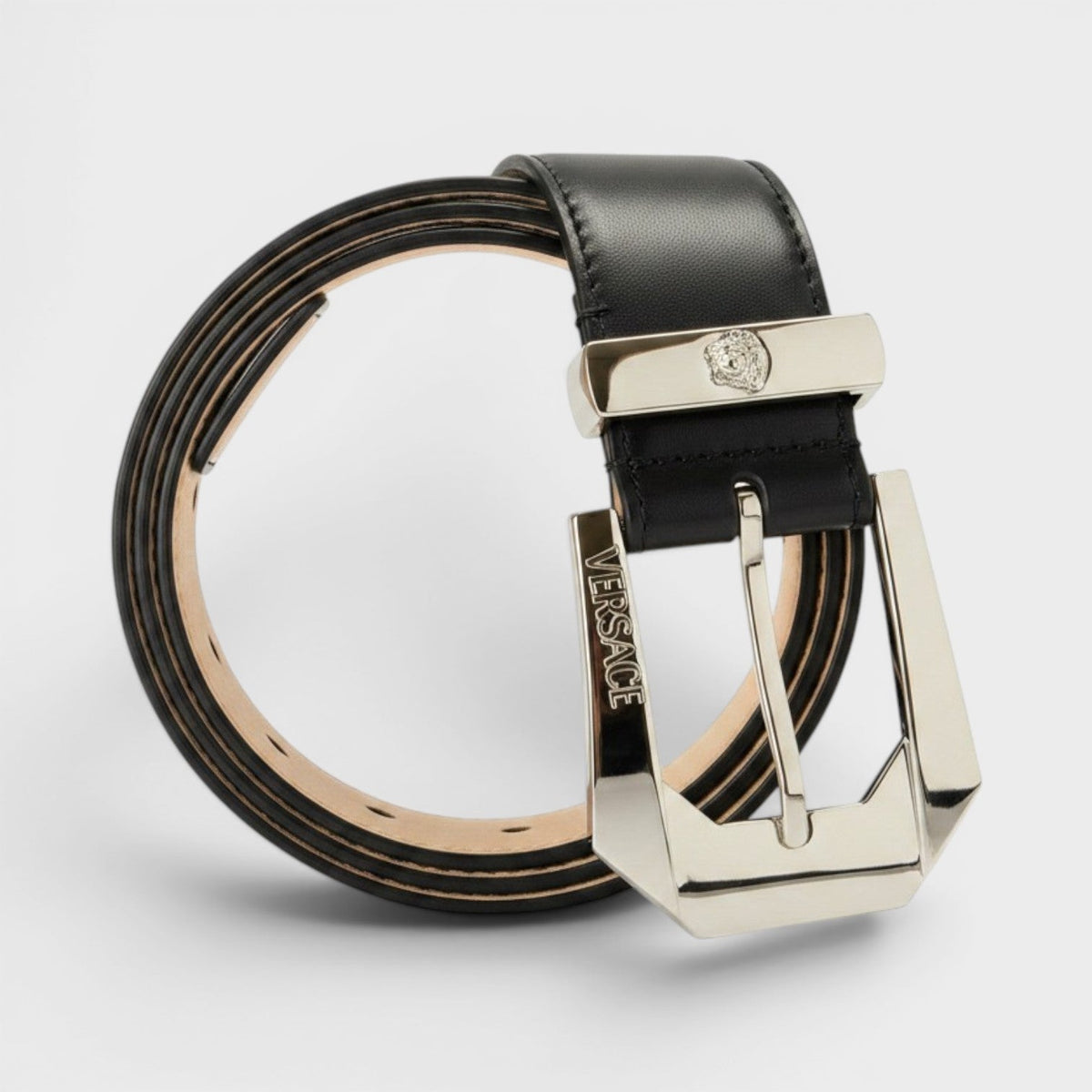 Leather Medusa Buckle Black Silver