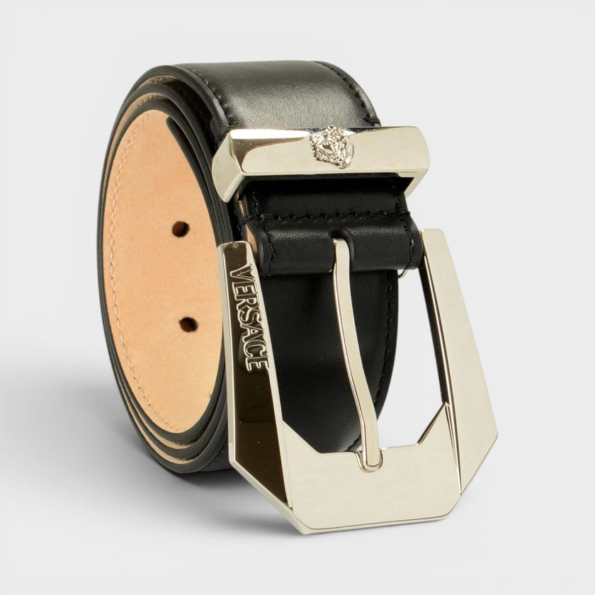 Leather Medusa Buckle Black Silver
