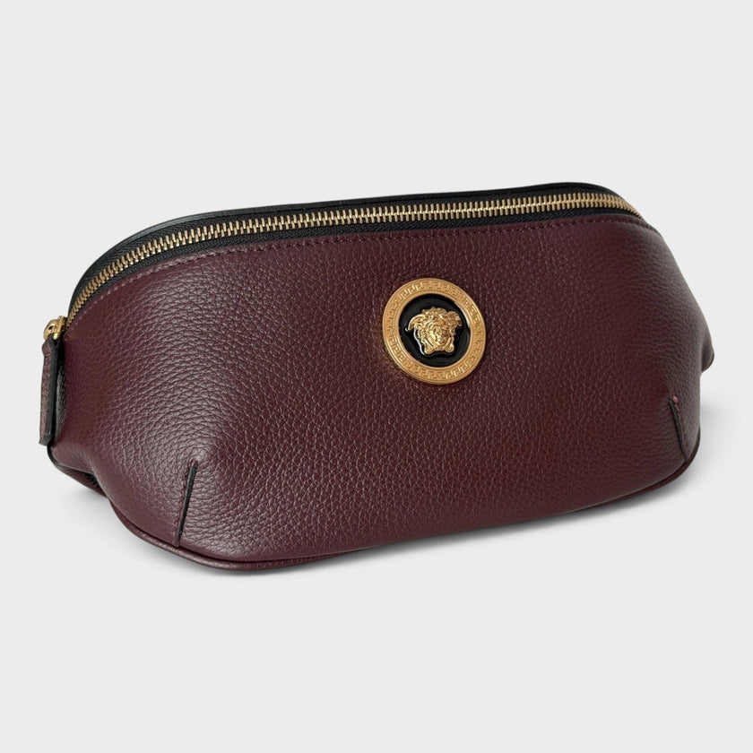 Medusa Head Grainy Calf Leather Belt Bag Burgundy Black