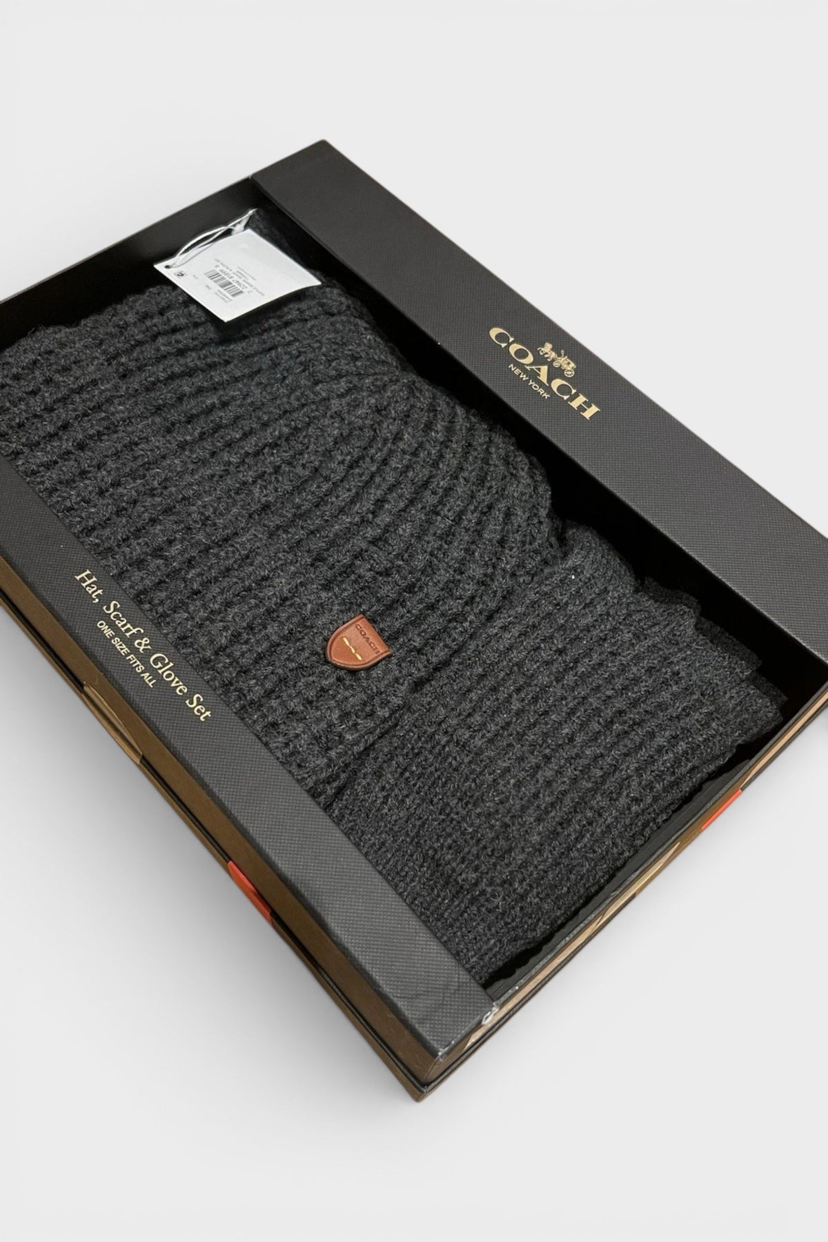 Coach Waffle Beanie Hat, Scarf & Glove Set Charcoal