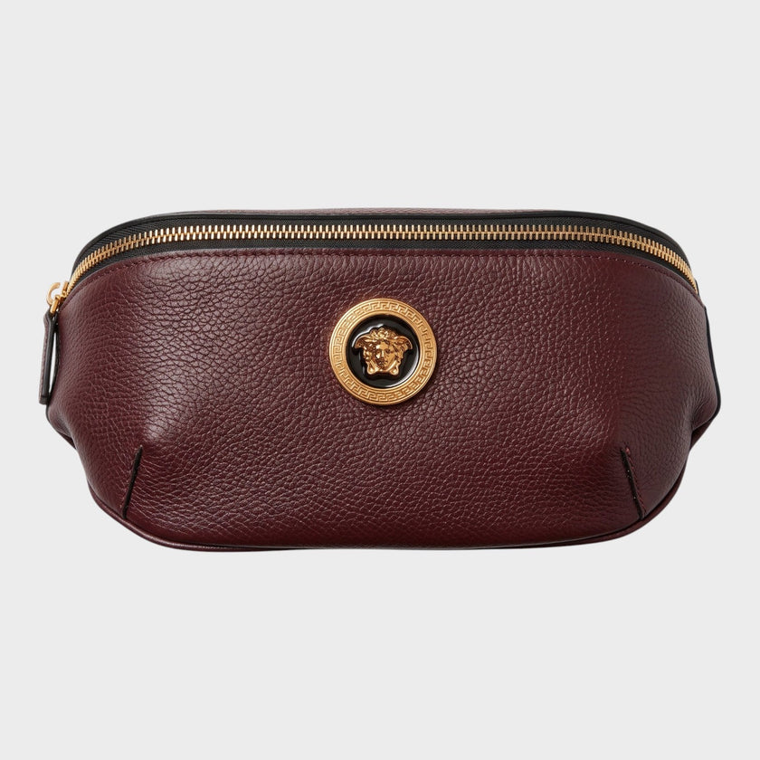 Medusa Head Grainy Calf Leather Belt Bag Burgundy Black