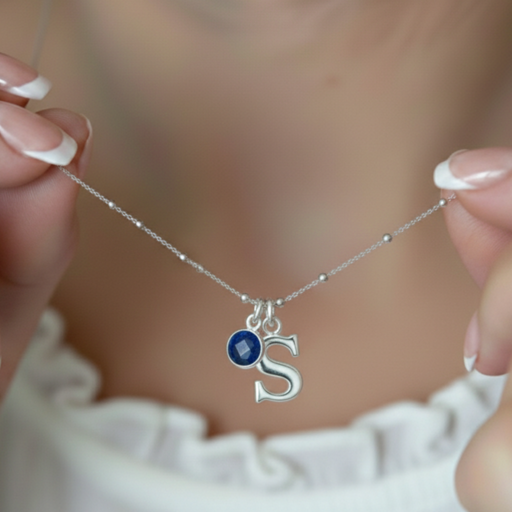 Initial & September Birthstone Necklace | Personalised Sapphire Gift