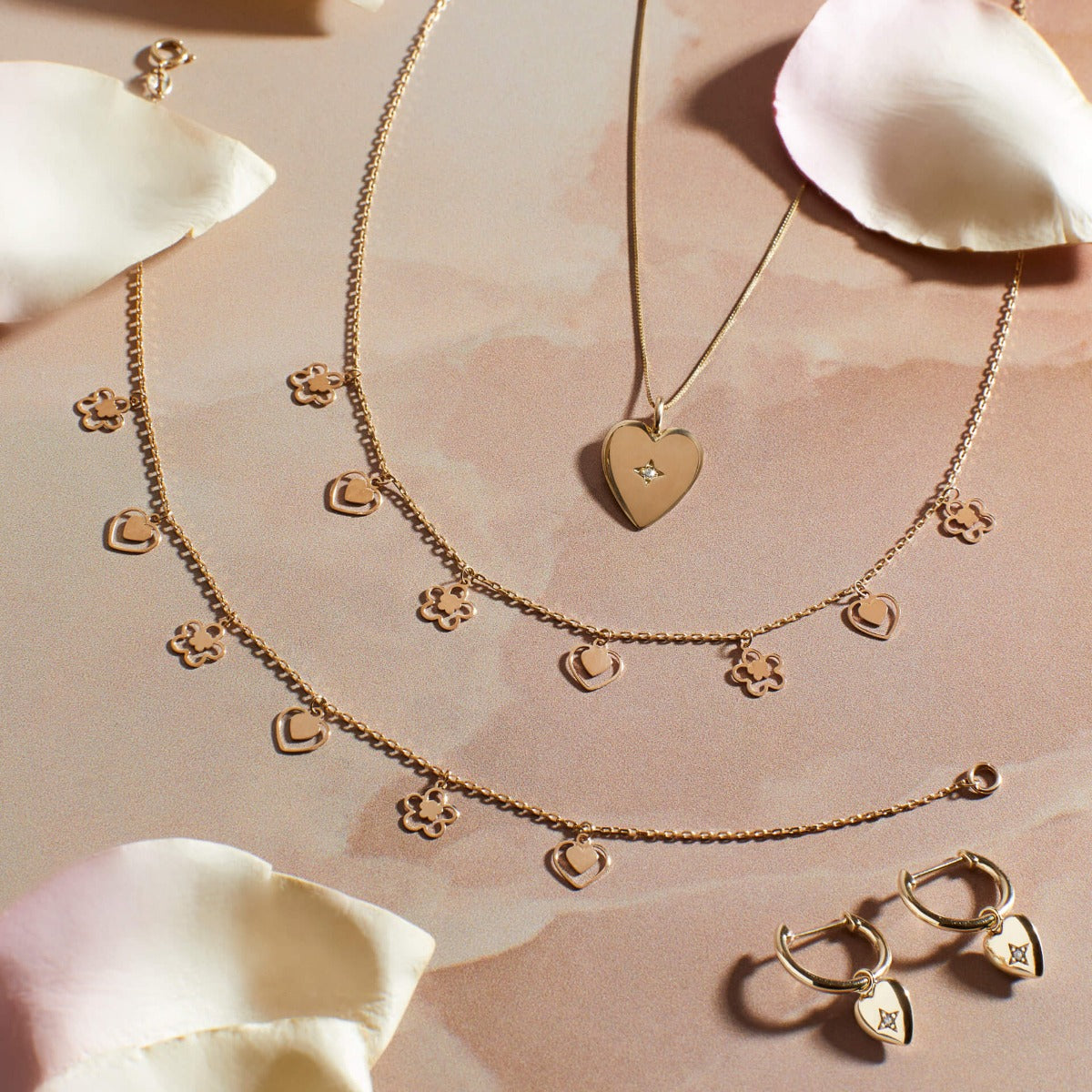 Elements Gold Heart and Flower Charm Necklace