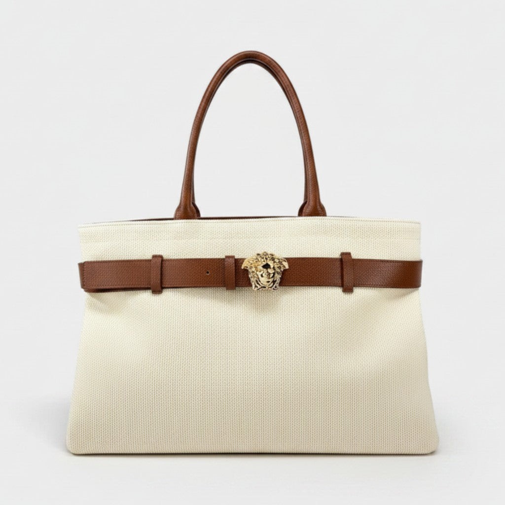 Medusa Head Large Canvas Belt Tote Bag Beige
