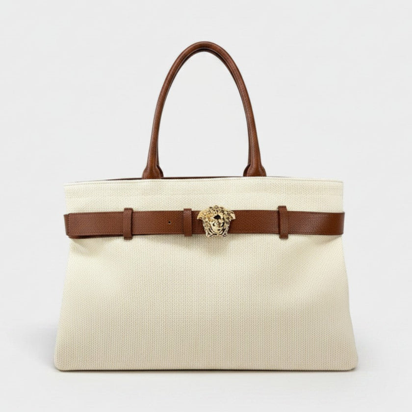 Medusa Head Large Canvas Belt Tote Bag Beige