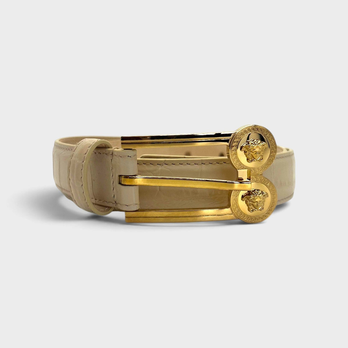 Double Medusa Belt Embossed Croc Belt Beige