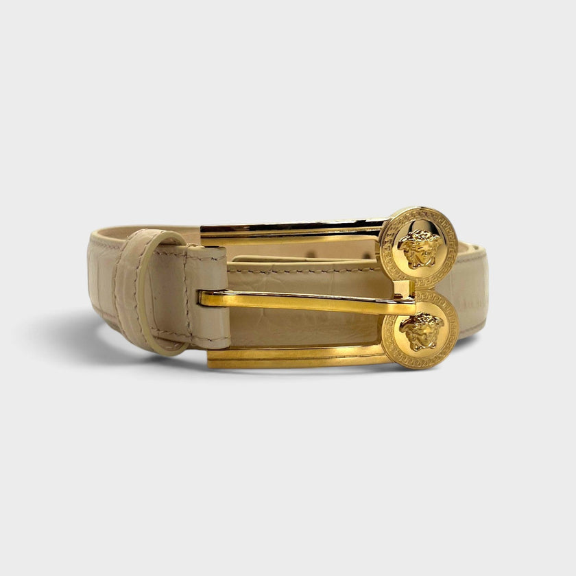 Double Medusa Belt Embossed Croc Belt Beige