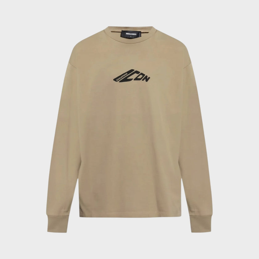Long Sleeve Loose Fit Logo Tee Beige