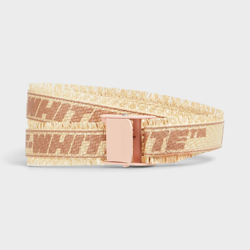 Logo Print Faux Raffia Belt Beige