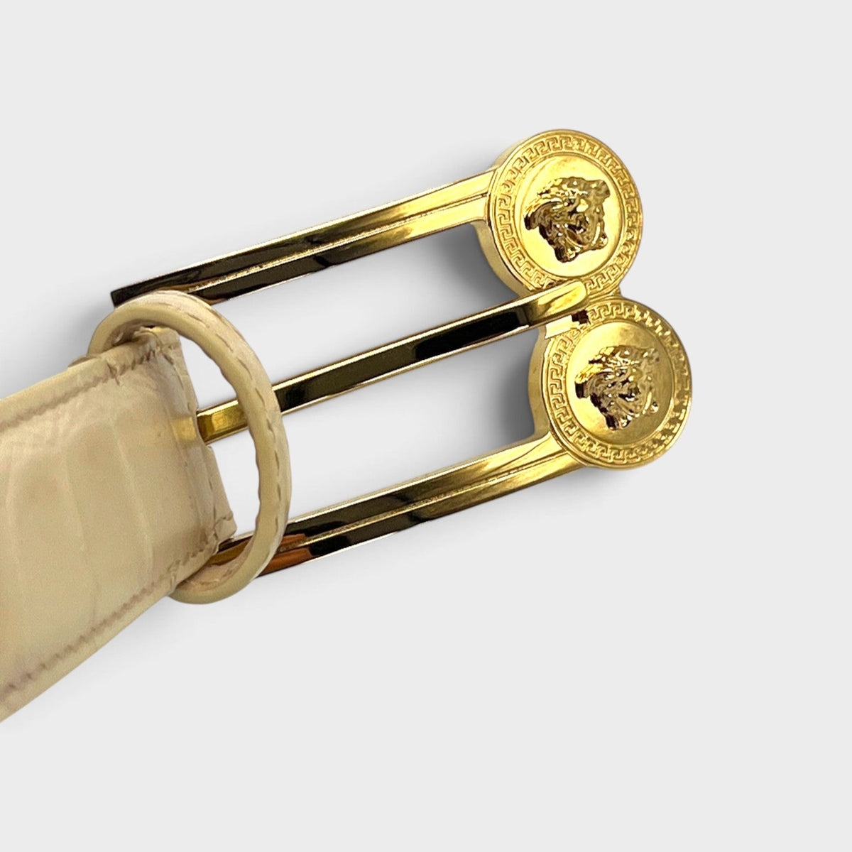 Double Medusa Belt Embossed Croc Belt Beige