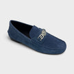 Medusa Greca Driver Suede Loafer Dark Stone Navy