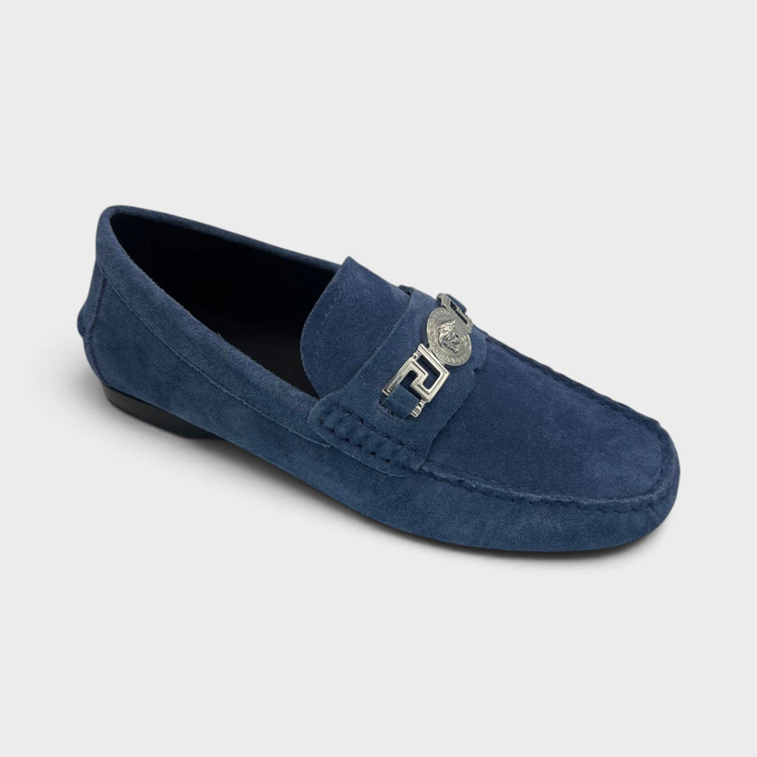 Medusa Greca Driver Suede Loafer Dark Stone Navy