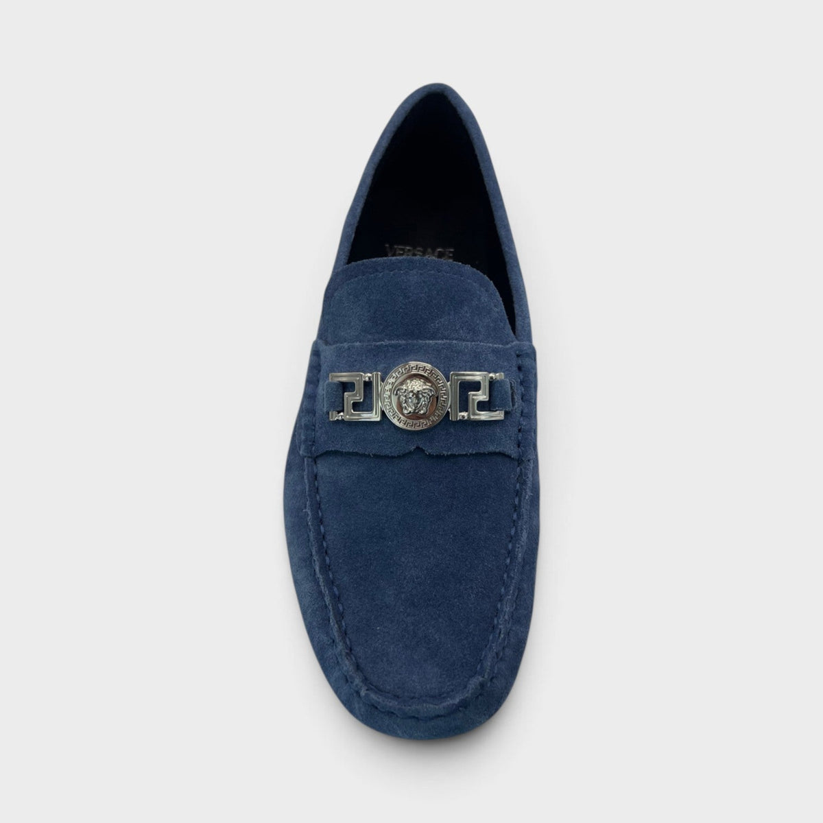 Medusa Greca Driver Suede Loafer Dark Stone Navy