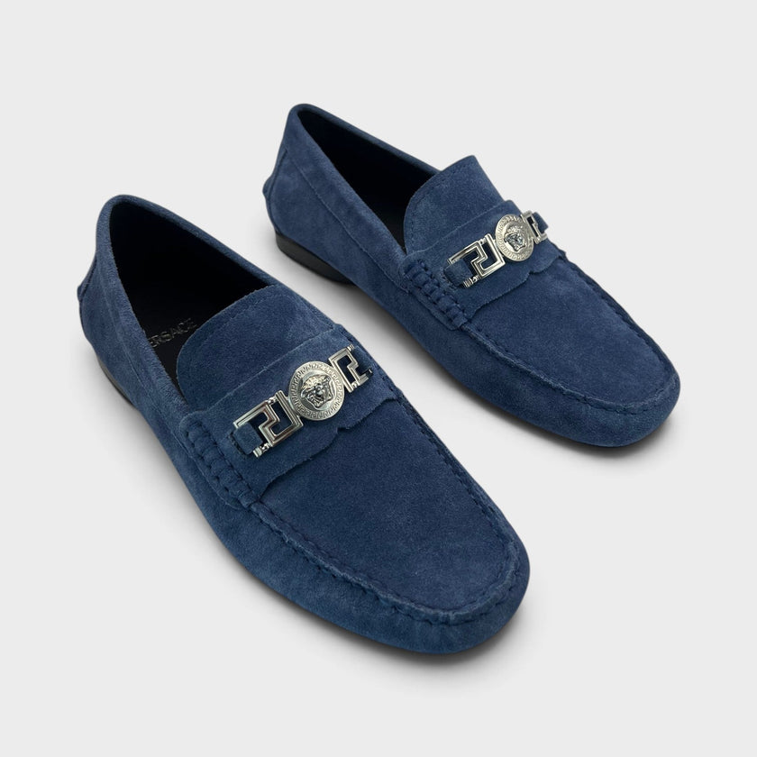 Medusa Greca Driver Suede Loafer Dark Stone Navy