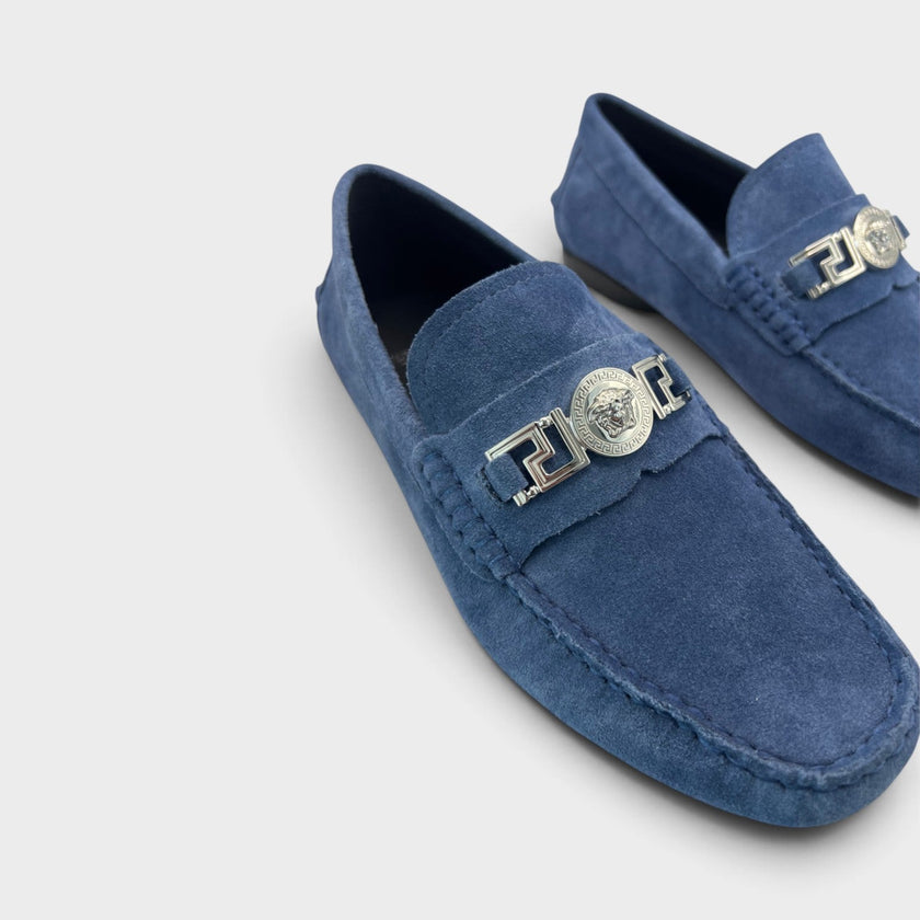 Medusa Greca Driver Suede Loafer Dark Stone Navy