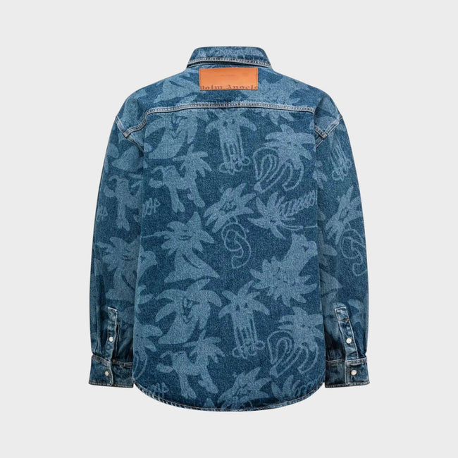 Palmity Laser Print Denim Shirt Blue Oversized
