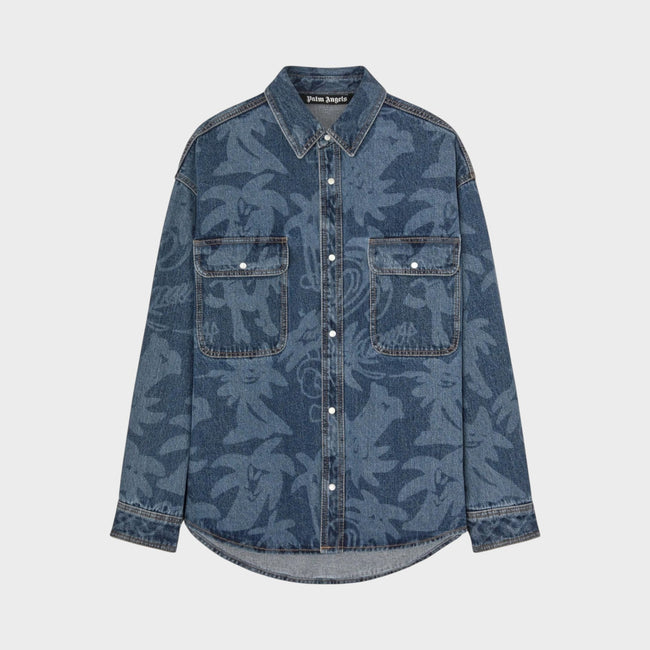 Palmity Laser Print Denim Shirt Blue Oversized