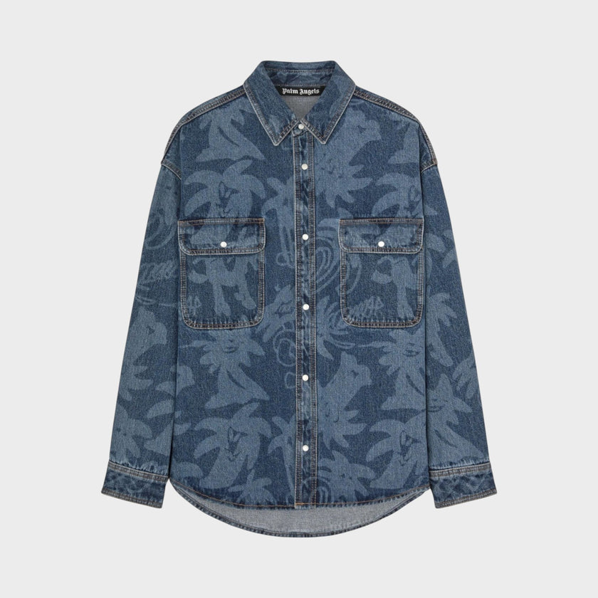 Palmity Laser Print Denim Shirt Blue Oversized